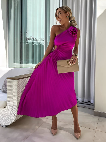 Rachael - Elegantti pliseerattu mekko kukkaisella olka-alueella naisille