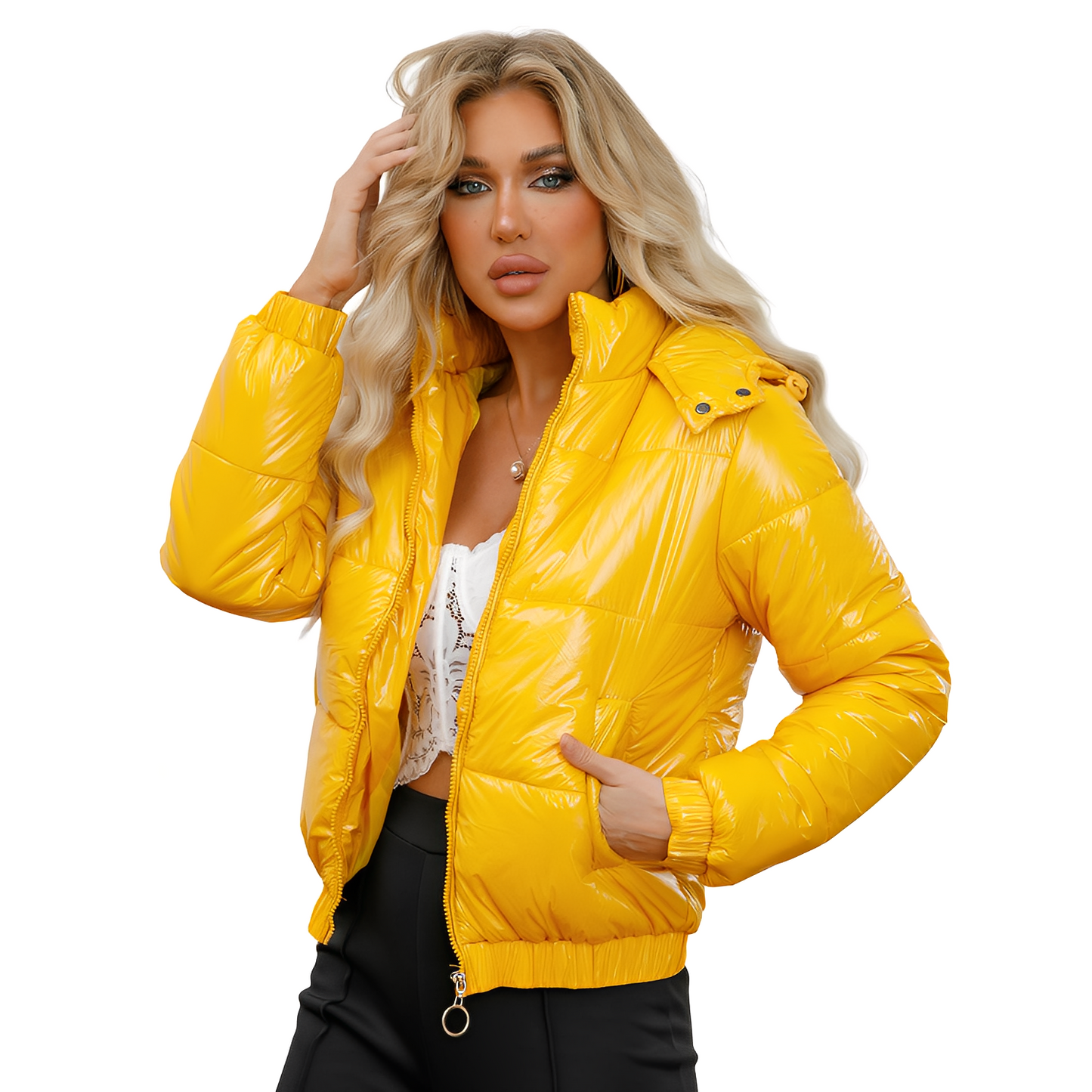 Yazmin - Tyylikäs, kiiltävä takki hupulla naisille