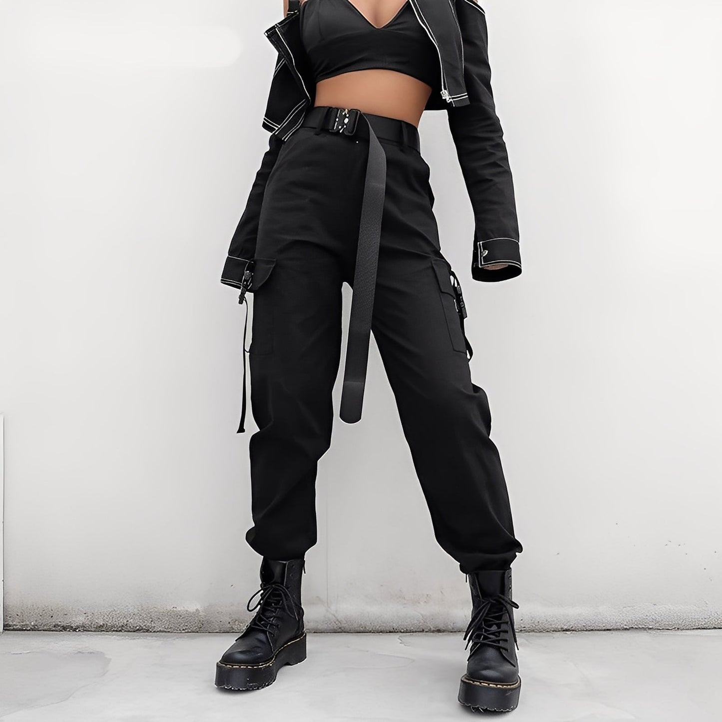 Clotilde - Korkeavyötäröiset joustavat cargo-housut naisille