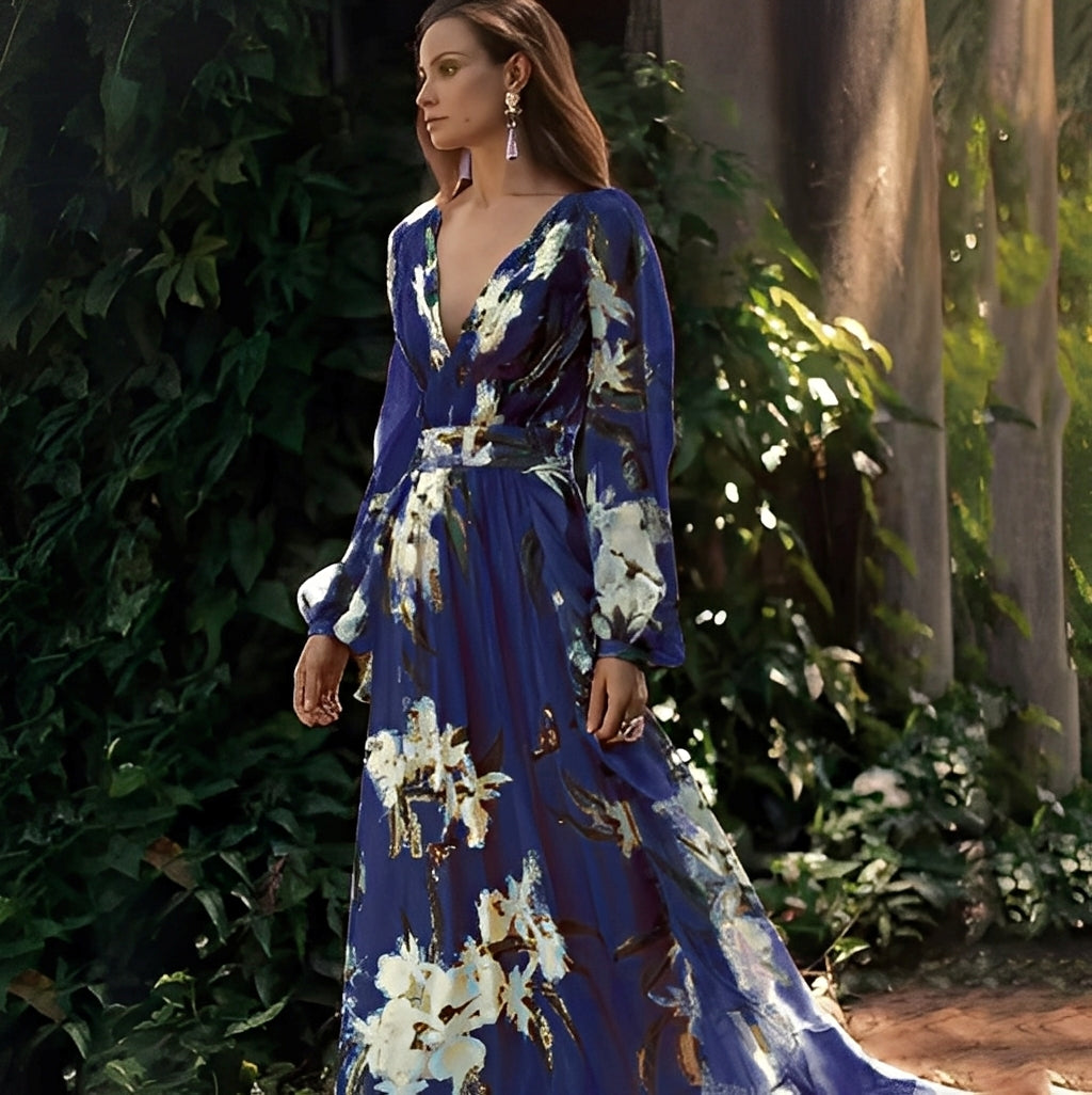 Karine - Pitkä elegantti V-kauluksinen mekko naisille