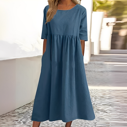 Sylvette - Naisten puuvillamekko pyöreällä kaula-aukolla