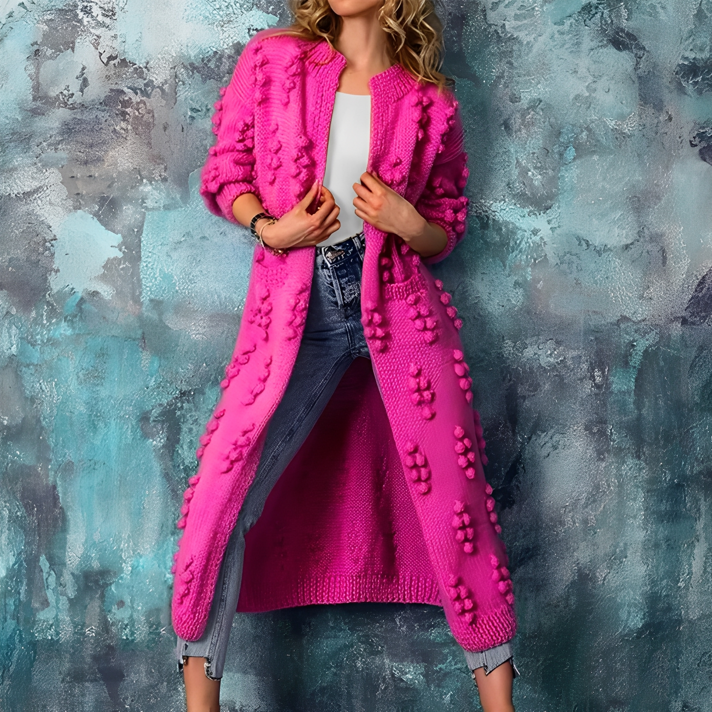 Nancy - Tyylikäs pitkä neuletakki tupsuilla naisille