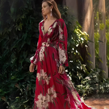 Karine - Pitkä elegantti V-kauluksinen mekko naisille