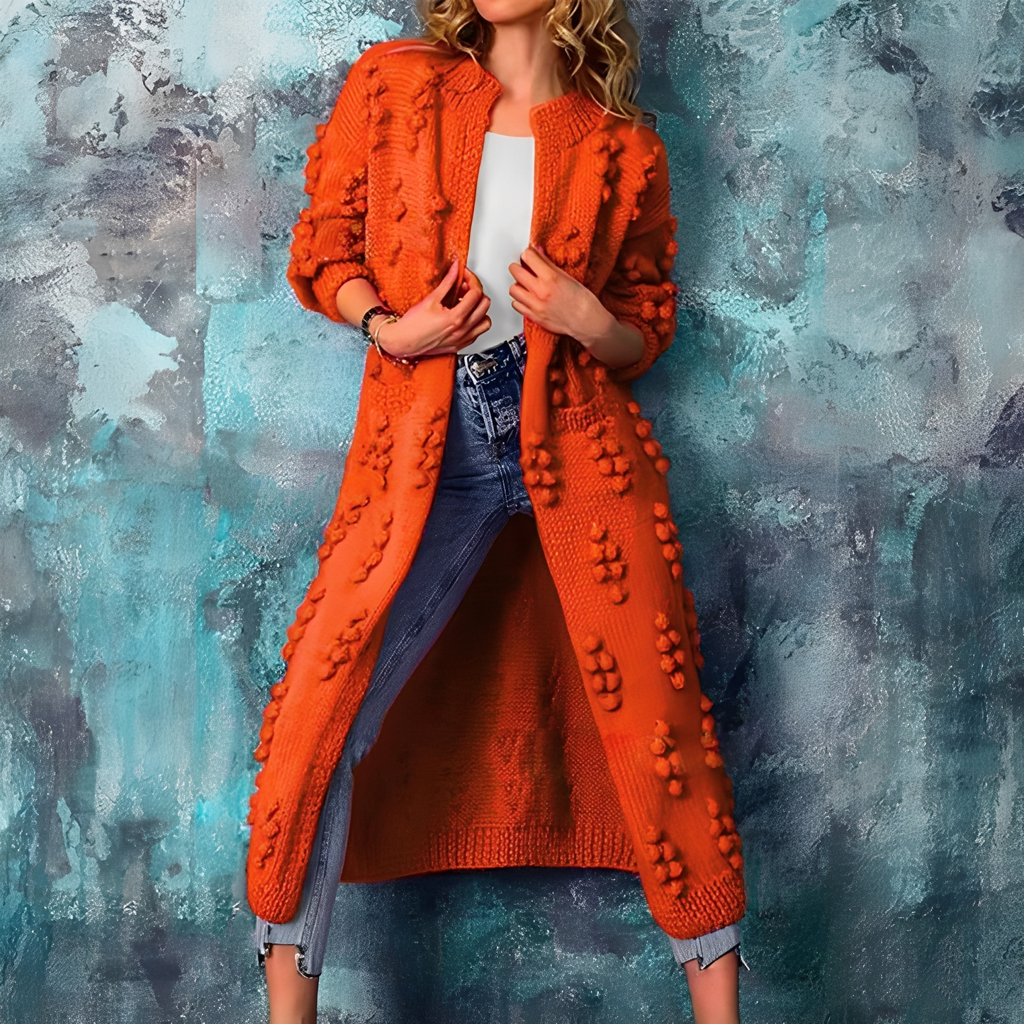 Nancy - Tyylikäs pitkä neuletakki tupsuilla naisille